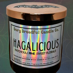 Hagalicious Crackling Wooden Wick Candle: Patchouli Pine Sweet Florals Scent